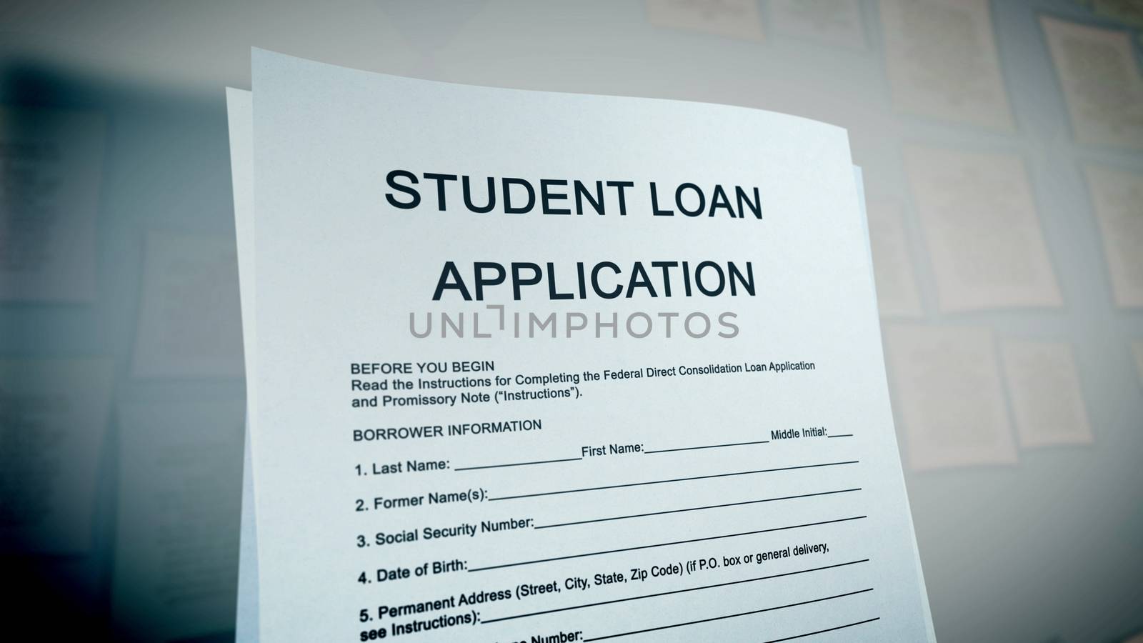 Astonishing 3d illustration of a student loan application presented aslant in the white background on a computer screen. The title is big capital letters. Address, name, date of birth, in lower case.