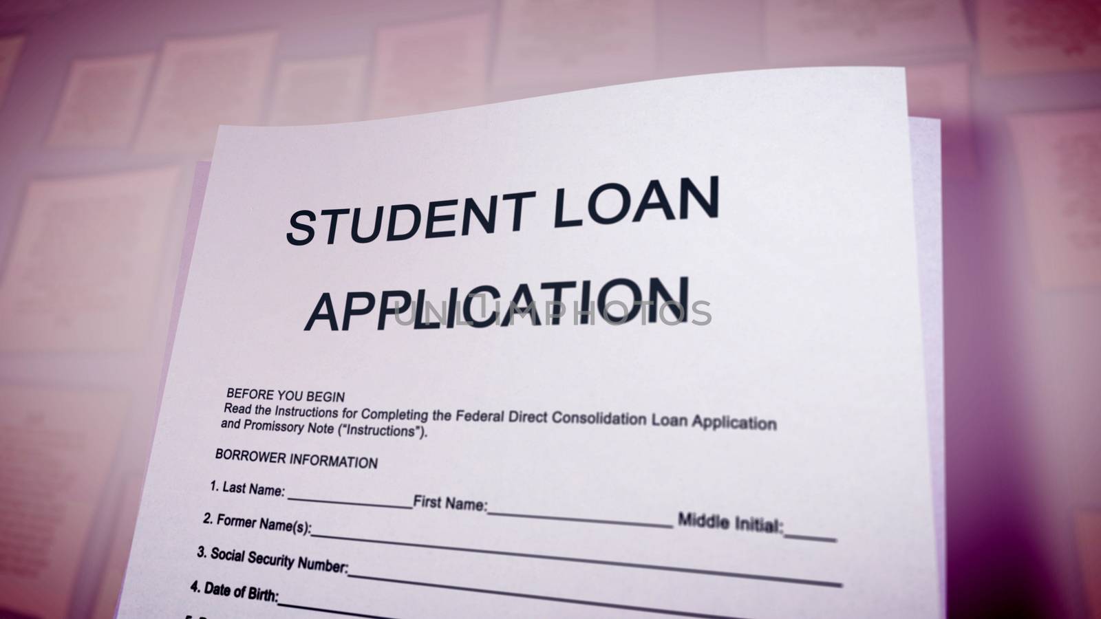 Pop art 3d illustration of a student loan application put aslant in the rosy background on a pc screen. The heading is in big capital letters. Promissory note, instruction, name, are in lower case.