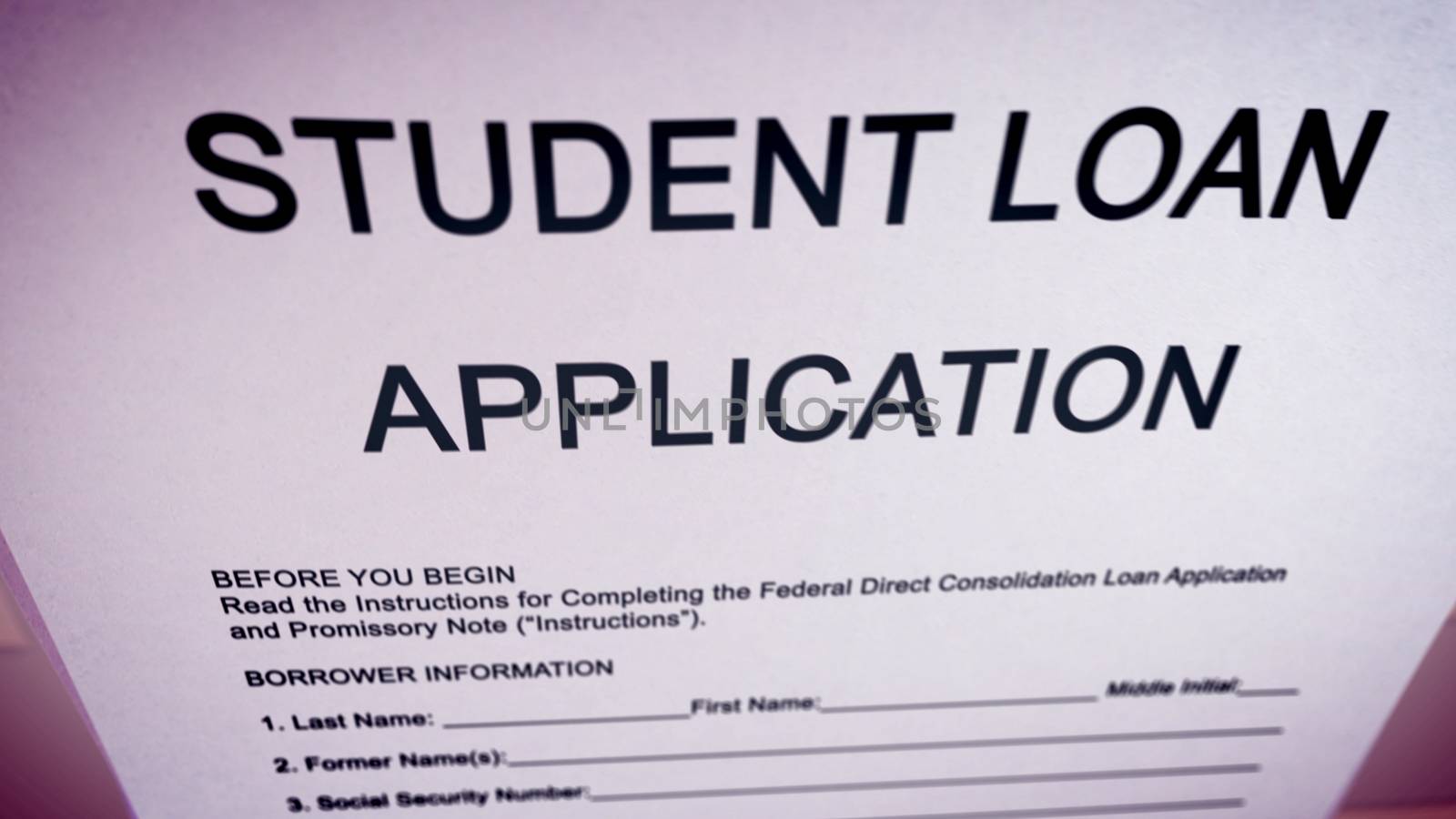 Striking 3d rendering of a student loan application put askew in the pink background on a computer screen. The headline is in big capital letters. Instruction, name, date of birth, are in lower case