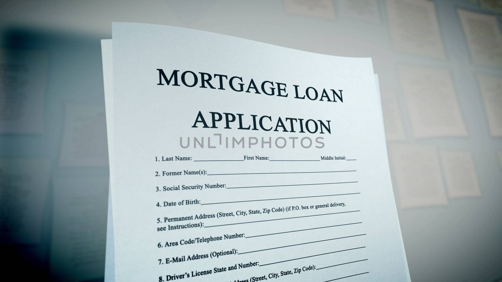 3d illustration of a mortgage loan application placed aslant in the light green background on a computer screen. The headline is in big capital letters. The additional information is lower case