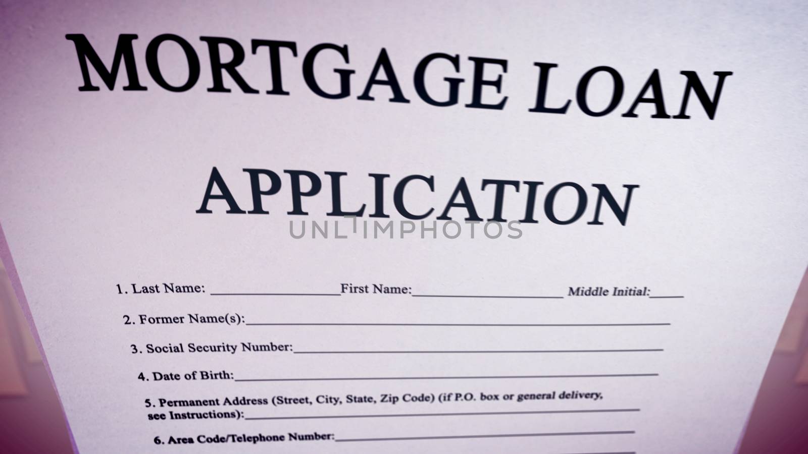3d illustration of a mortgage loan application put askew in two pages in the violet background on a pc screen. The title is in capital letters. The info about zip and area codes is in lower case.