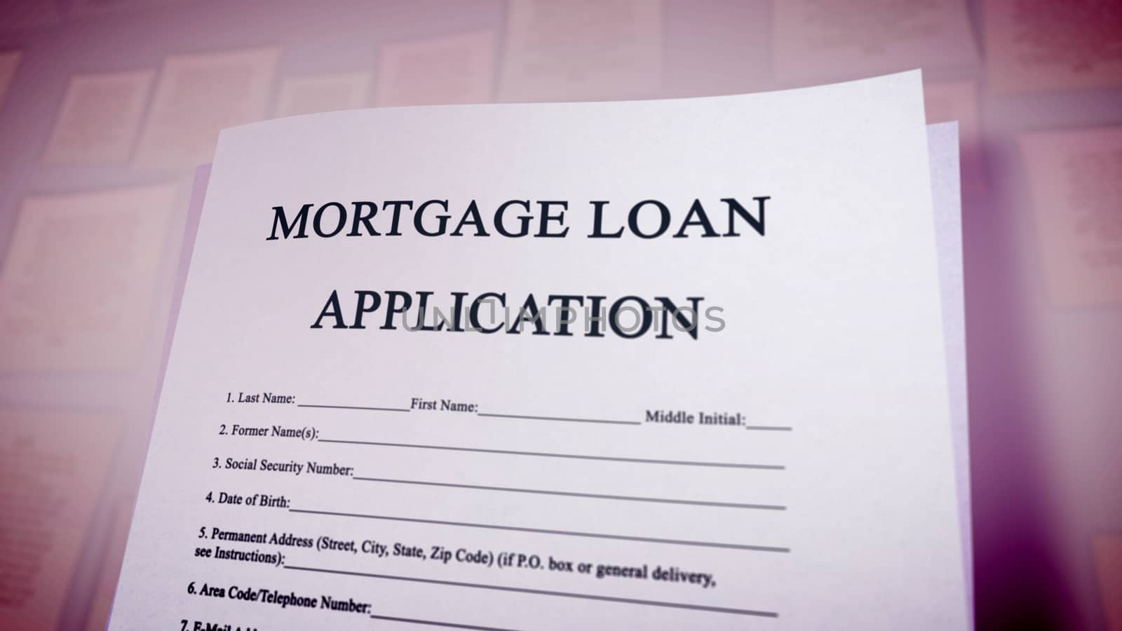 Funny 3d illustration of a mortgage loan application put diagonally in the violet background on a pc screen. The heading is in big capital letters. The additional info is in lower case.