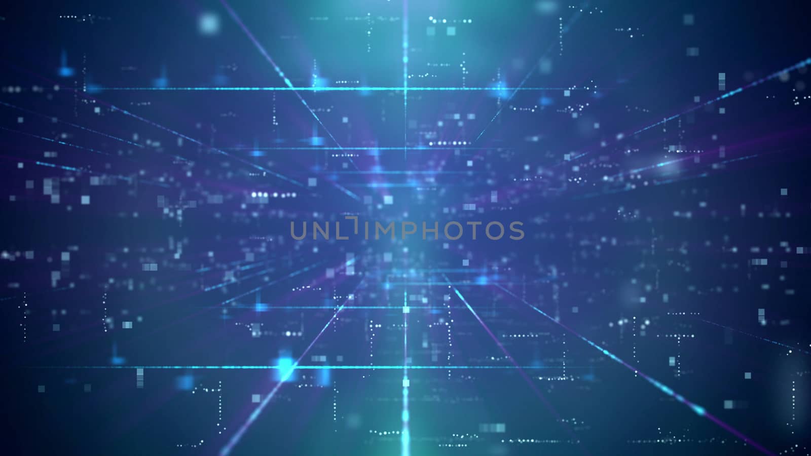 Op art 3d rendering of a modern technology cyberspace passage through reducing squares. The background is blue. It is covered with numerous sparkling spots and lines.