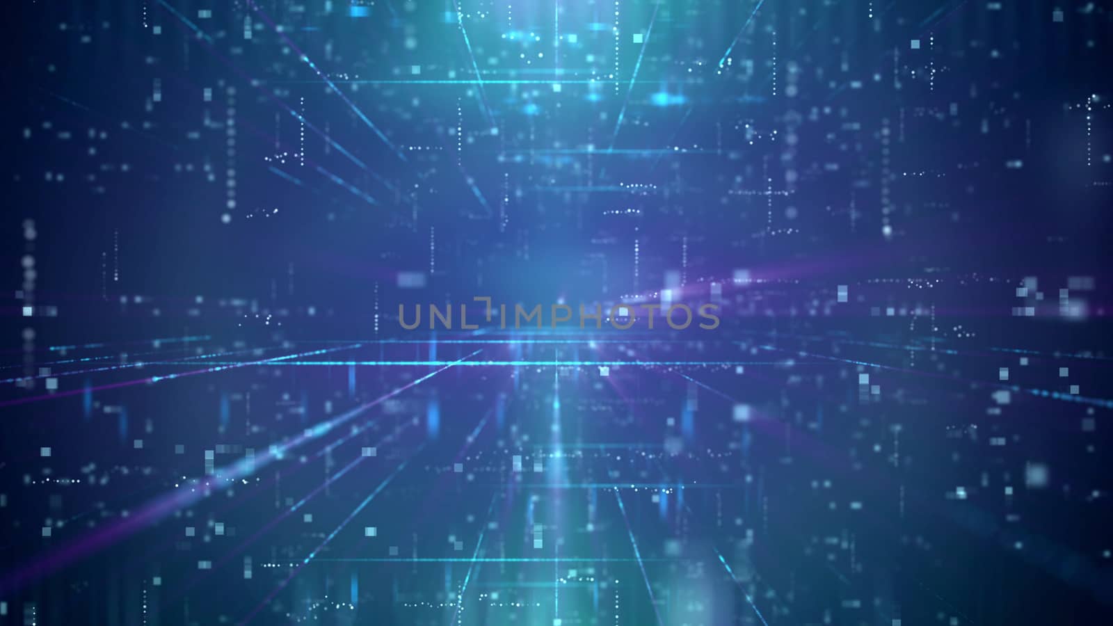 Optical illusion 3d illustration of an innovative technology cyberspace channel through a portal with diminishing squares. The background is blue. It has a plenty of shimmering dots and lines.