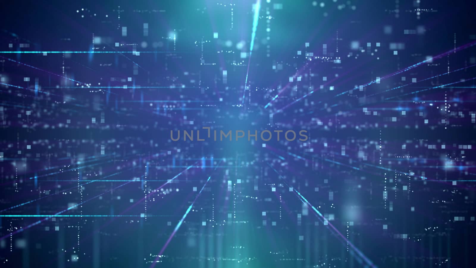 Puzzling 3d illustration of a pioneering technology cyberspace passage through a time portal with diminishing squares. The background is blue. It has a lot of dazzling dots, rays, and lines.