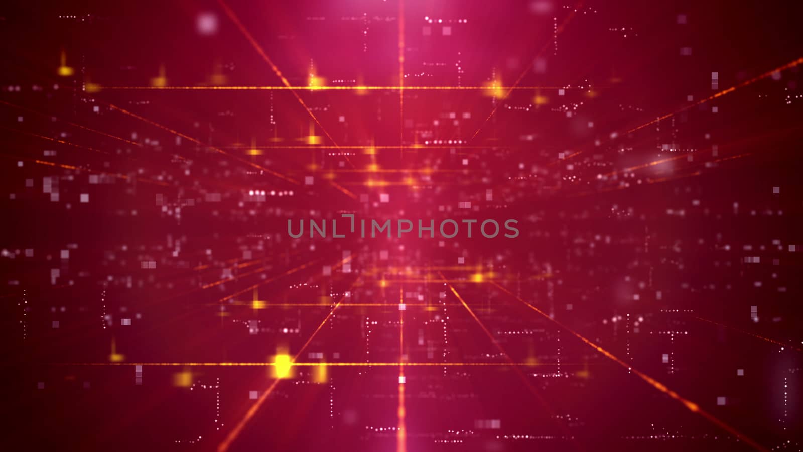 Op art 3d illustration of a ground-breaking technology cyberspace channel through a time portal with reducing squares. The background is purple. It has a lot of yellow dots, rays, and lines.