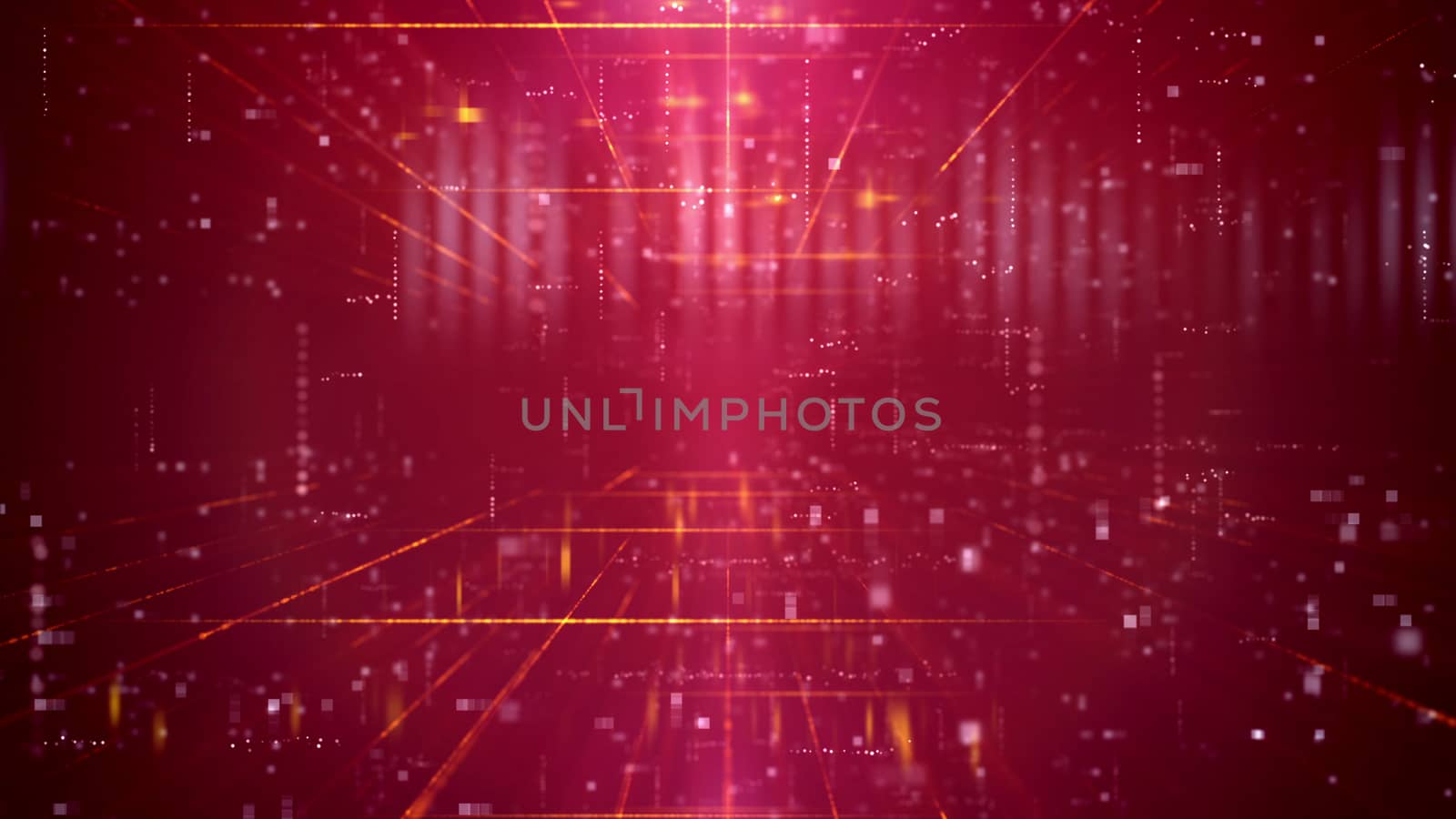 Mesmerizing 3d rendering of a step forward technology cyberspace passage through a time portal with a grid of squares. The background is purple. It has a lot of shining spotlights and rays.