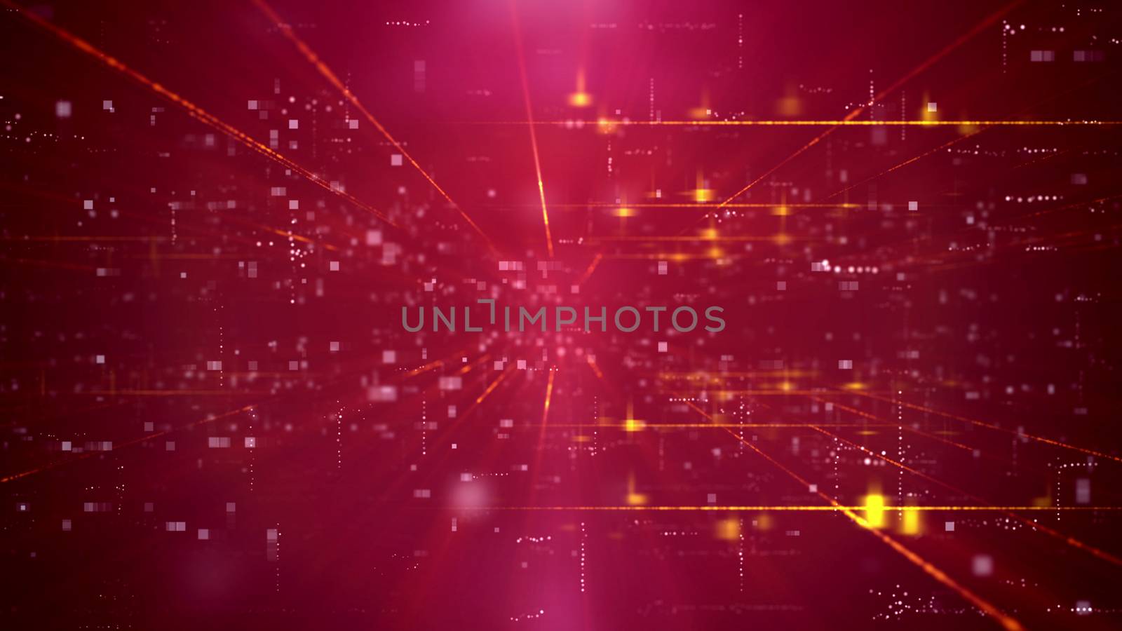 Thrilling 3d illustration of an advanced technology cyberspace channel through a time portal with a network of squares. The background is purple. It has a lot of shimmering spotlights and rays.