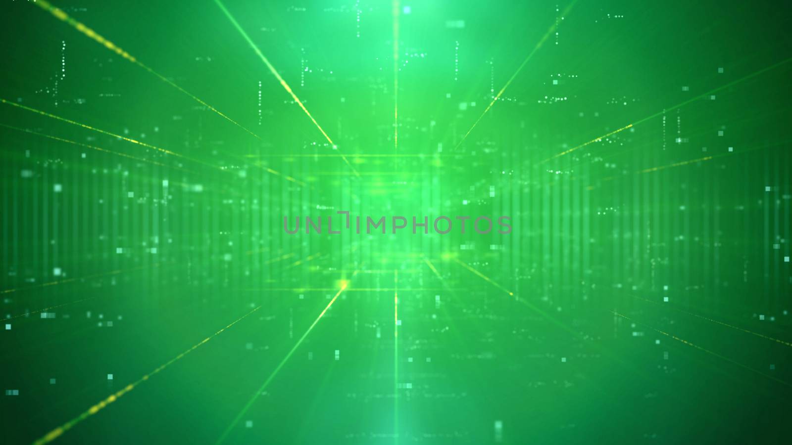 Unusual 3d illustration of a sci-fi technology cyberspace channel through a time portal with a network of figures and plazma looking center. The background is green. It has a lot of spots and rays.