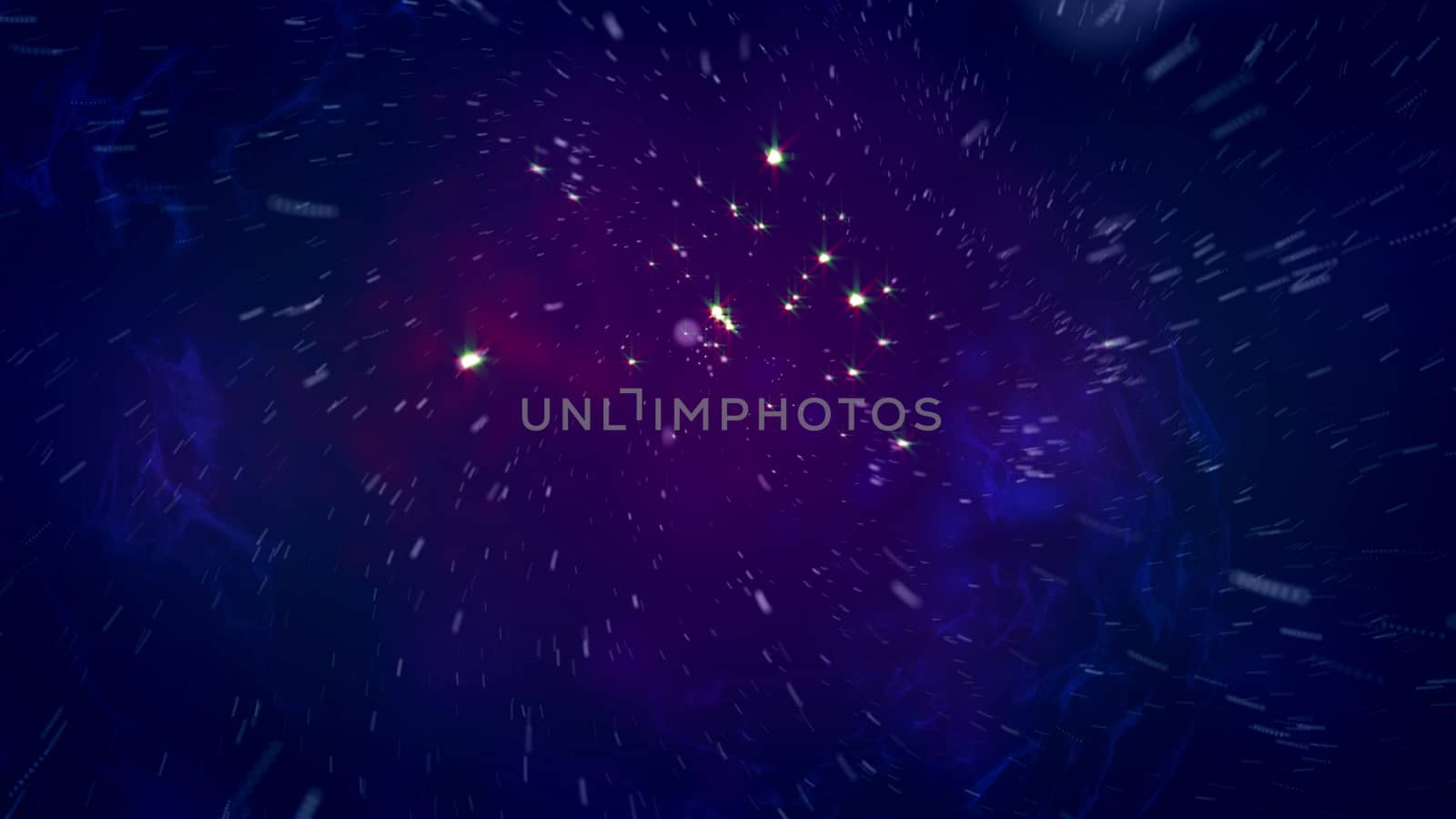 Abstract 3d rendering of an open space flight with bright stars, flashing meteors, nebulas, particles, in the dark blue background. The spacescape looks great and gorgeous.