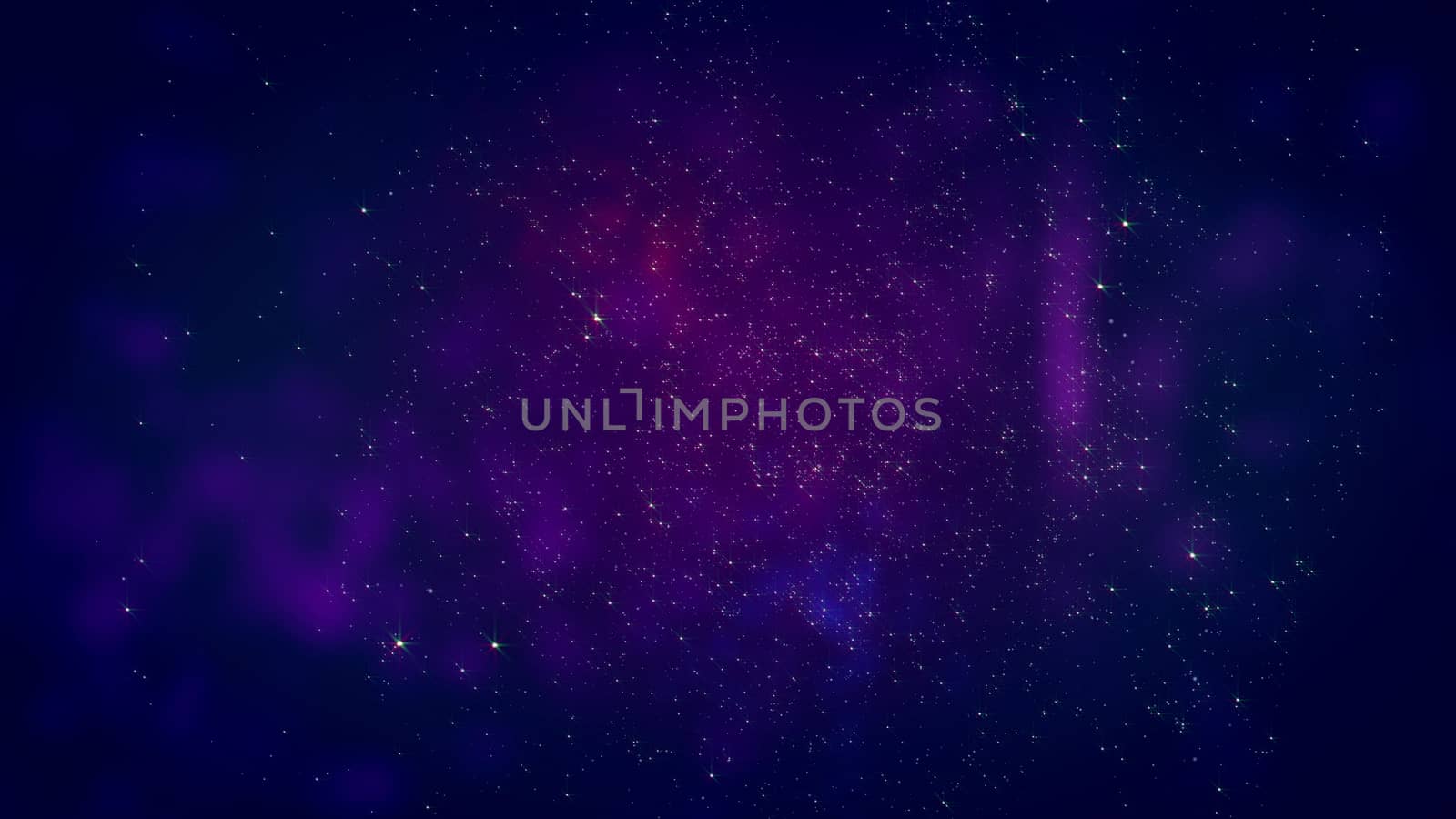 Artistic 3d illustration of an open space journey with sparkling stars, flashing meteors, red and white nebulas, in the dark blue background. The spacescape looks fine and fabulous