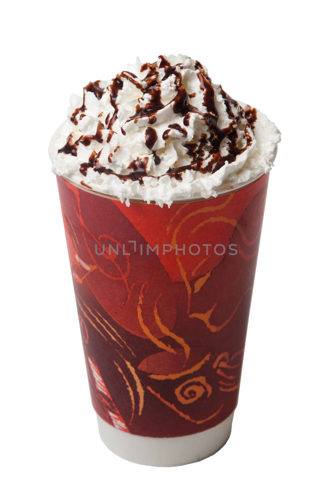 Generic Hot Coffee or Cappuccino w whipped cream and chocolate syrup. Isolated on white.