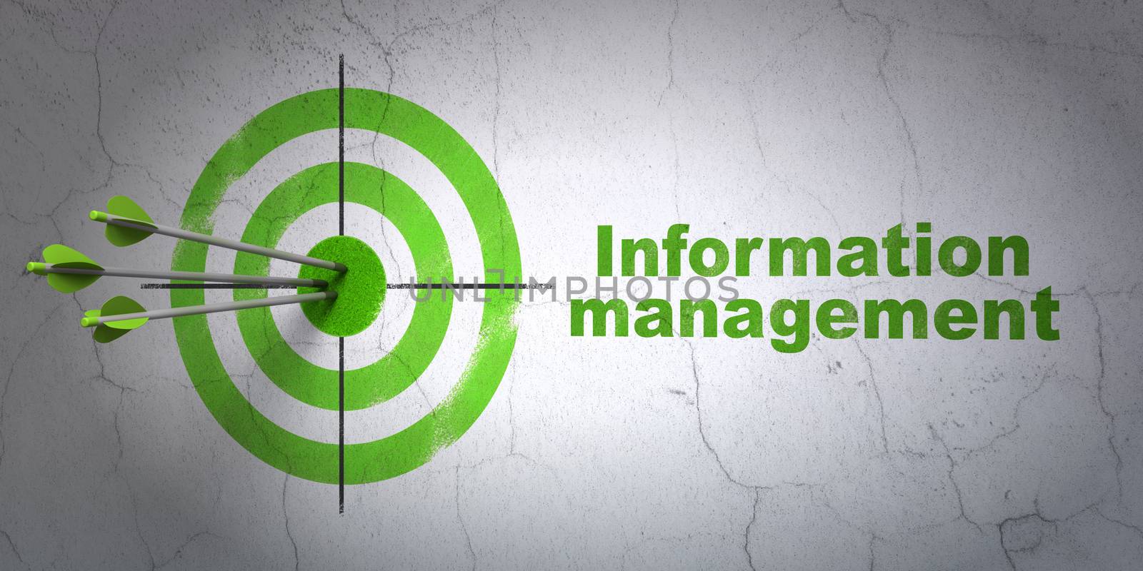 Success Data concept: arrows hitting the center of target, Green Information Management on wall background, 3D rendering