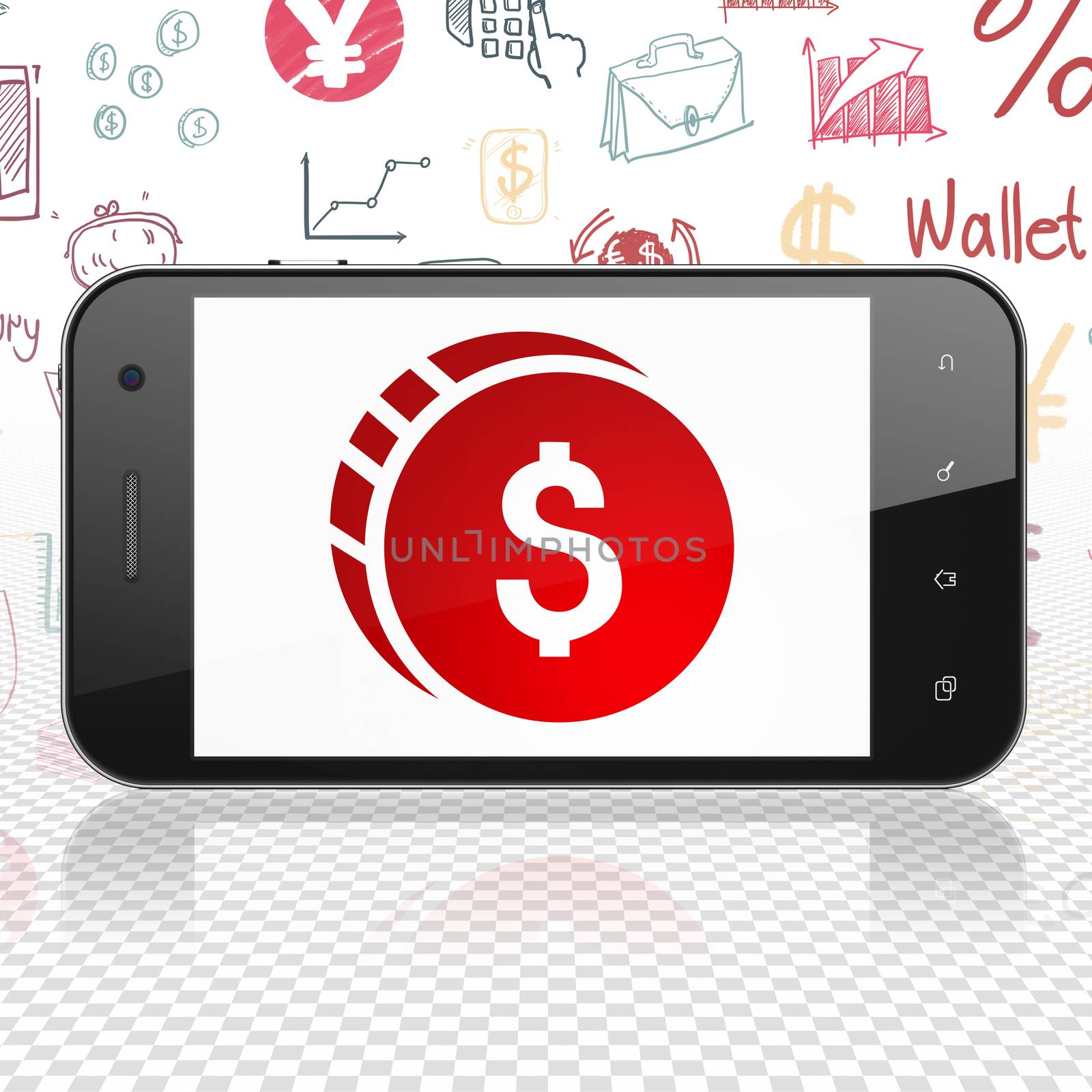 Banking concept: Smartphone with  red Dollar Coin icon on display,  Hand Drawn Finance Icons background, 3D rendering