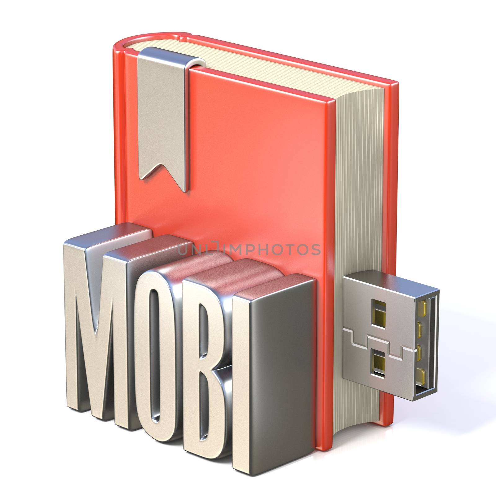 eBook icon metal MOBI red book USB 3D render illustration isolated on white background