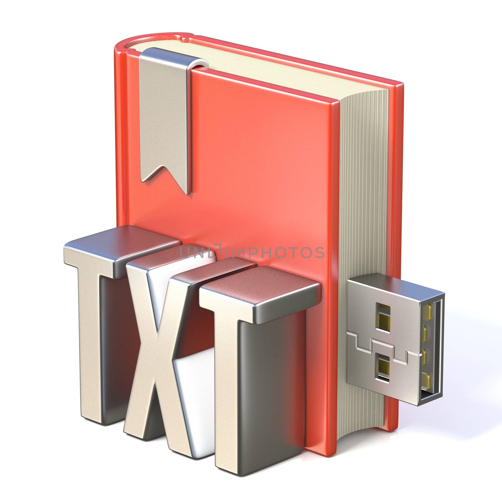 eBook icon metal TXT red book USB 3D render illustration isolated on white background