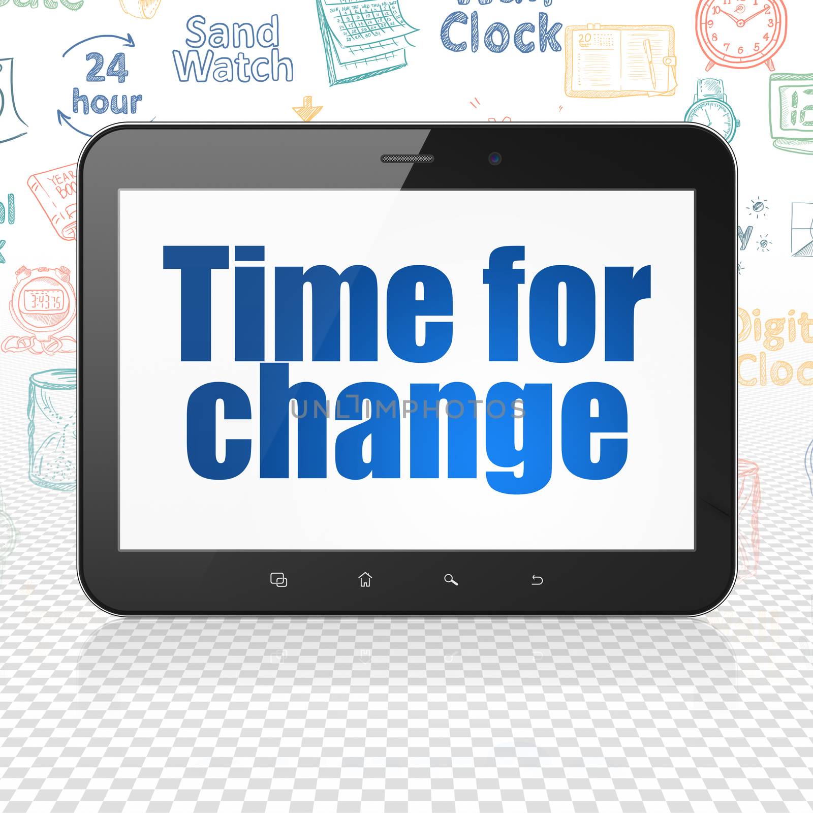 Time concept: Tablet Computer with  blue text Time for Change on display,  Hand Drawing Time Icons background, 3D rendering