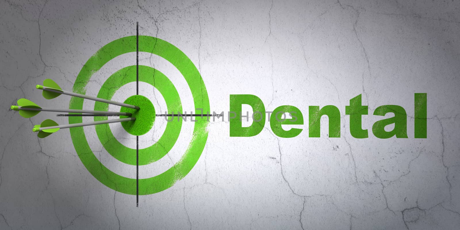 Success Health concept: arrows hitting the center of target, Green Dental on wall background, 3D rendering