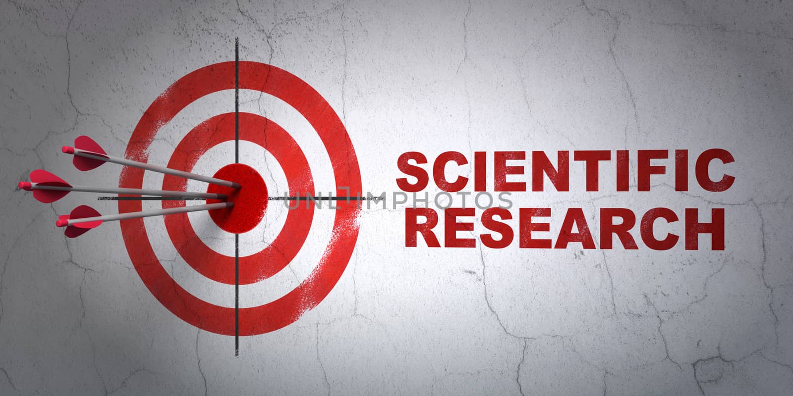 Success Science concept: arrows hitting the center of target, Red Scientific Research on wall background, 3D rendering