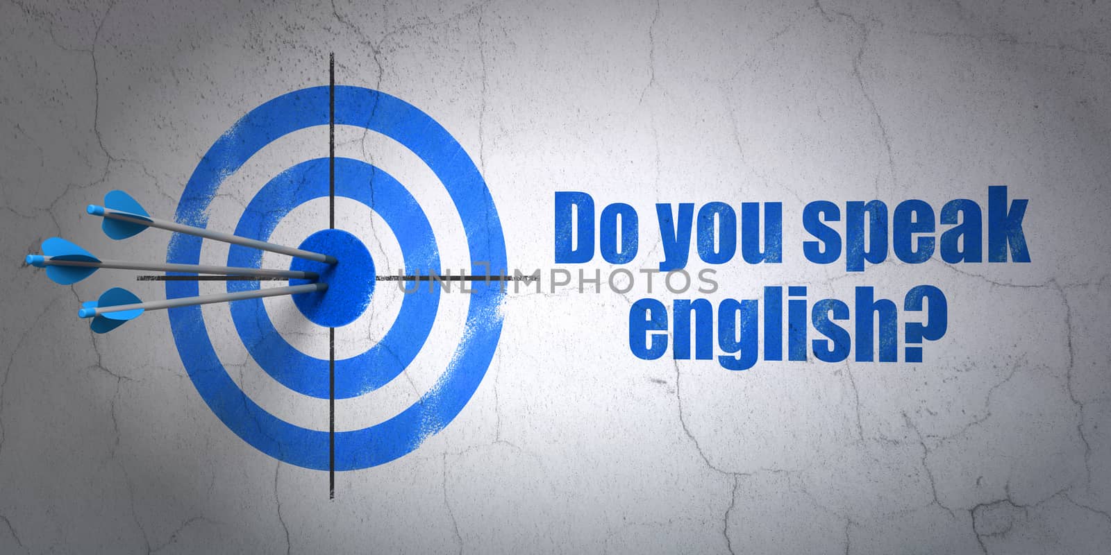 Learning concept: target and Do you speak English? on wall background by maxkabakov