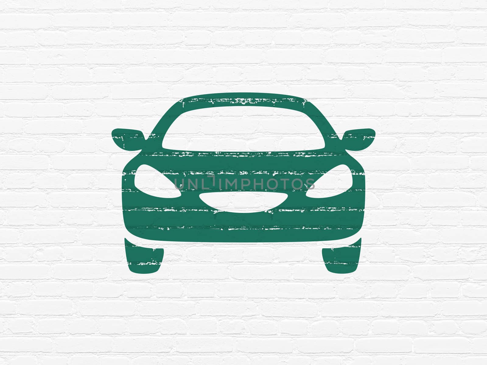 Tourism concept: Painted green Car icon on White Brick wall background