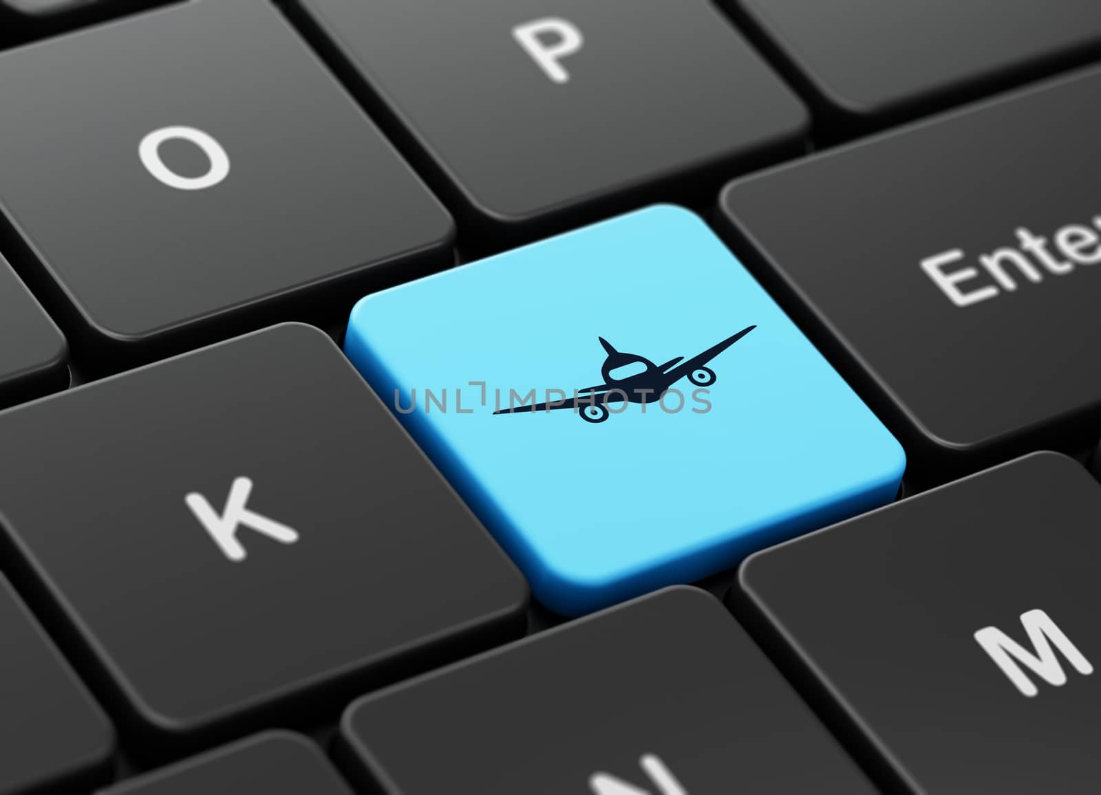 Travel concept: Aircraft on computer keyboard background by maxkabakov