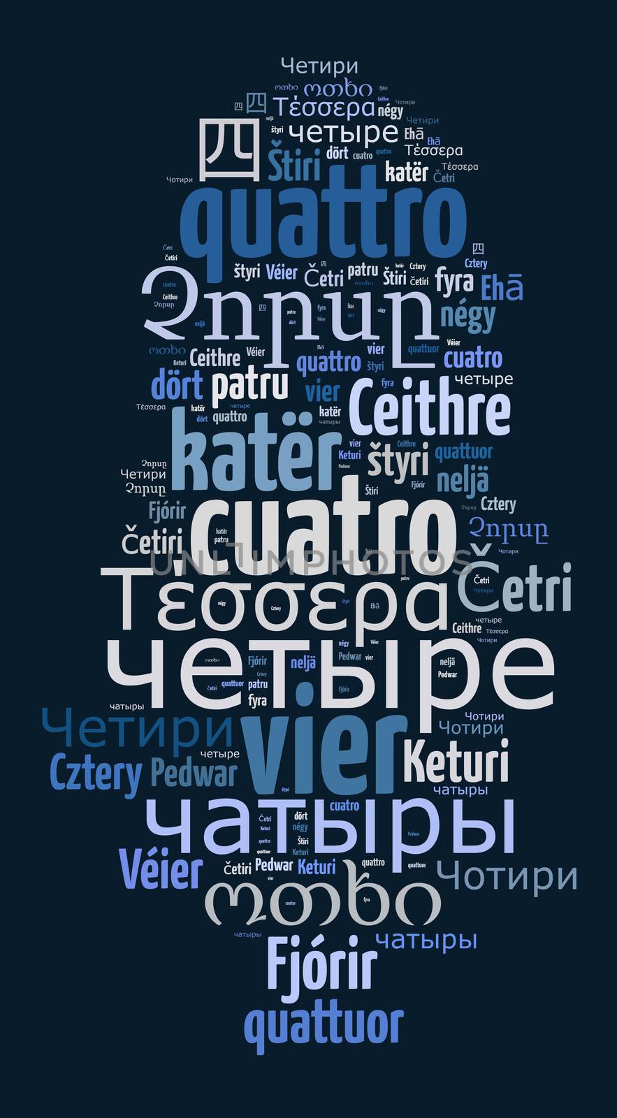 Number four in different languages wordcloud text concept