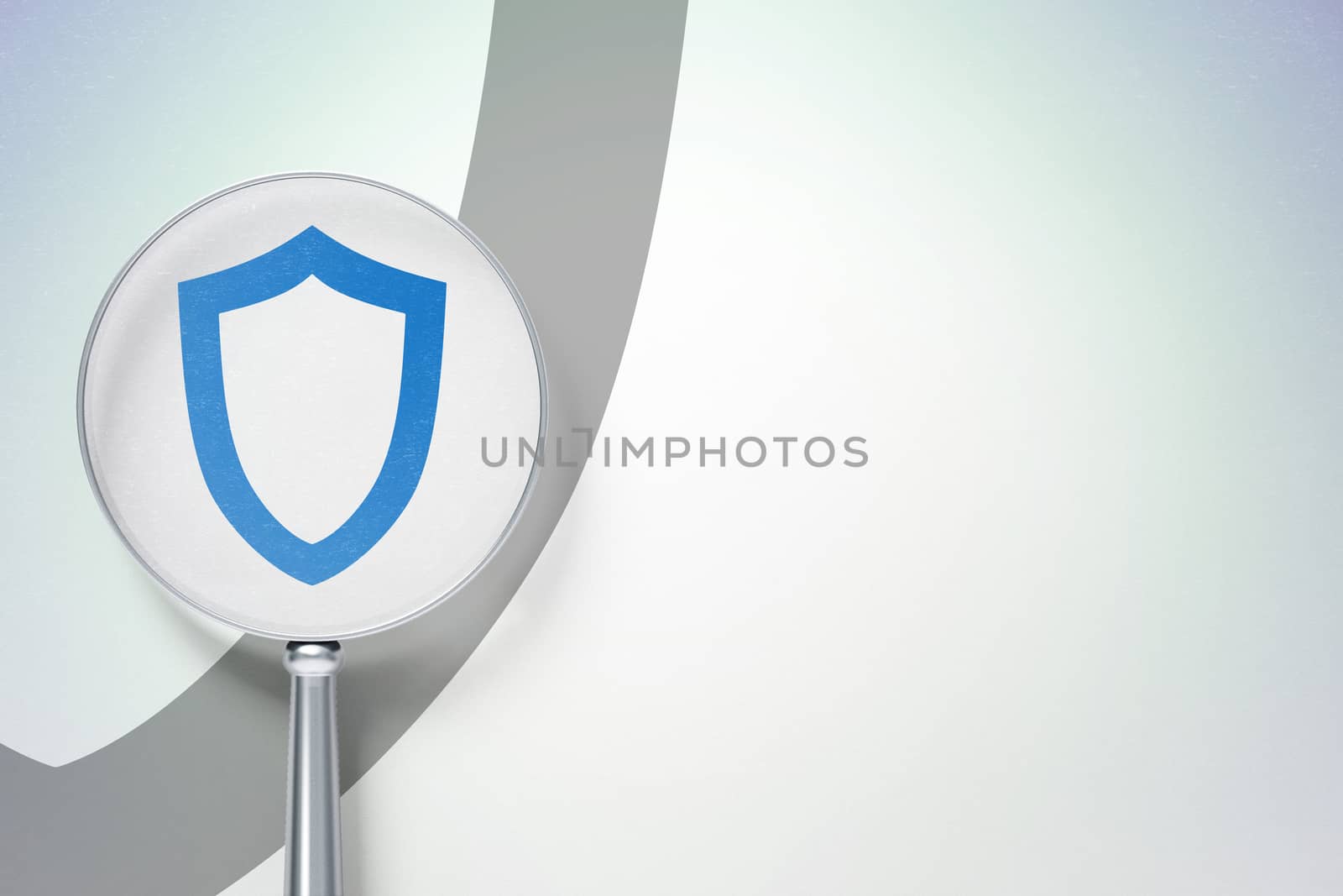 Privacy concept: magnifying optical glass with Contoured Shield icon on digital background, empty copyspace for card, text, advertising, 3D rendering