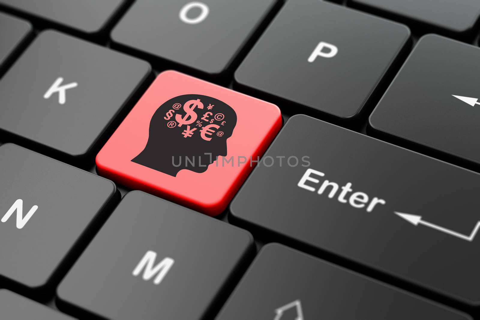 Business concept: computer keyboard with Head With Finance Symbol icon on enter button background, 3D rendering