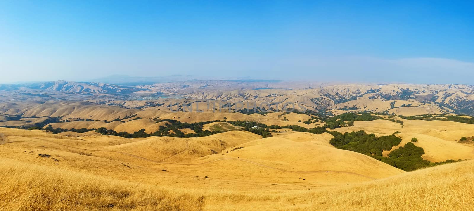 California landscape in August. View from the Mission Peak, the end of one of the most popular hiking trails in San Francisco Bay Area. The camera is pointed towards North-East.