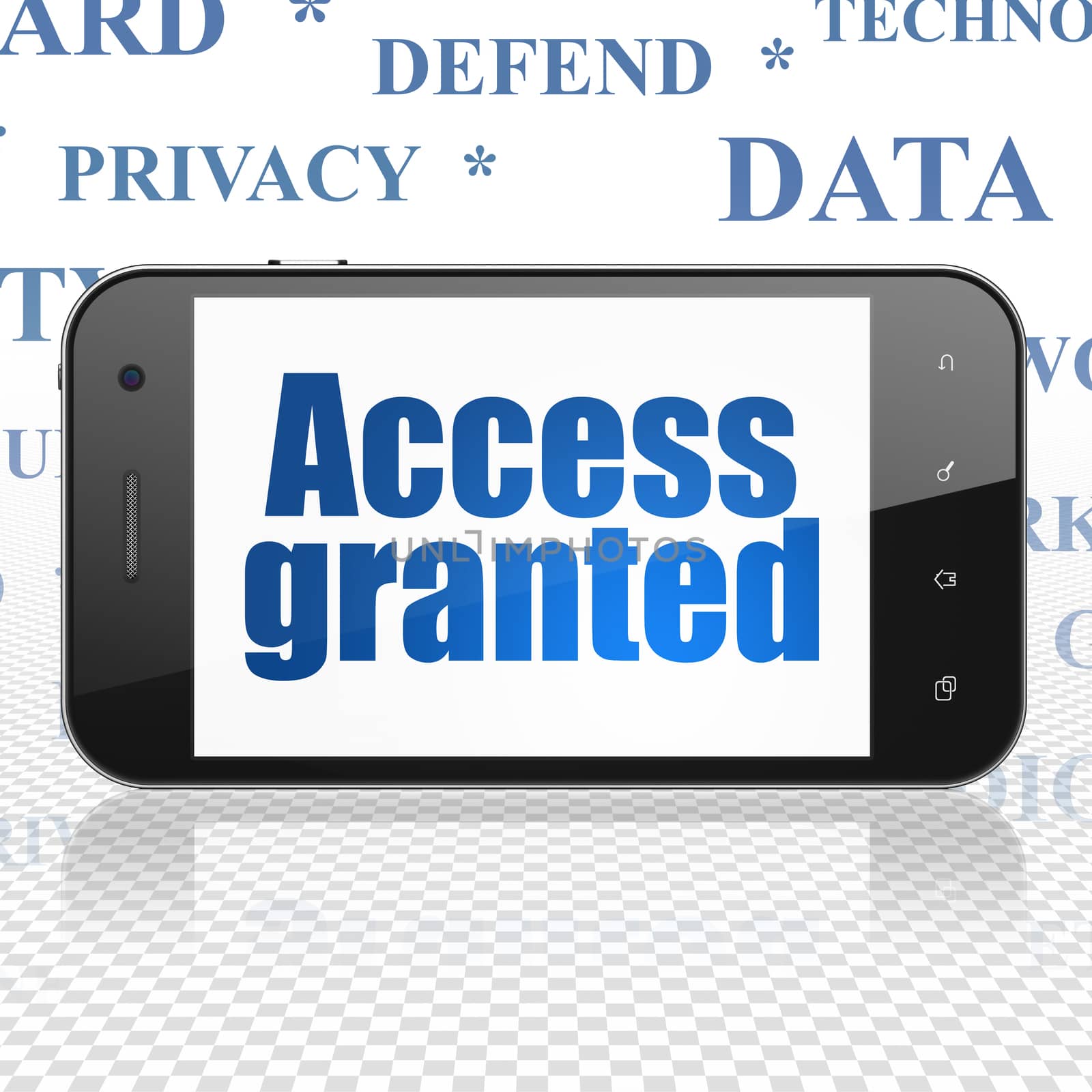 Security concept: Smartphone with  blue text Access Granted on display,  Tag Cloud background, 3D rendering