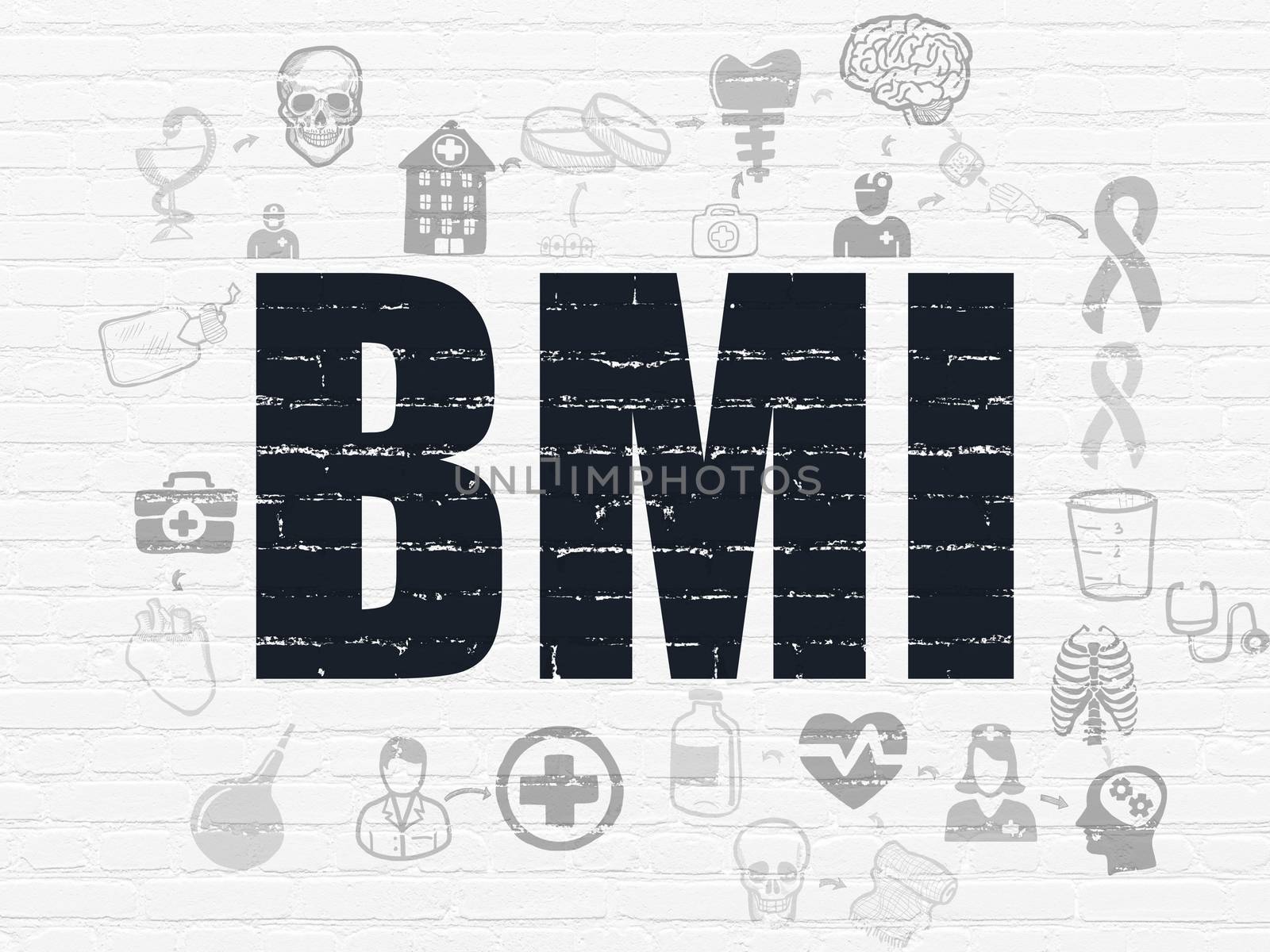 Healthcare concept: Painted black text BMI on White Brick wall background with Scheme Of Hand Drawn Medicine Icons