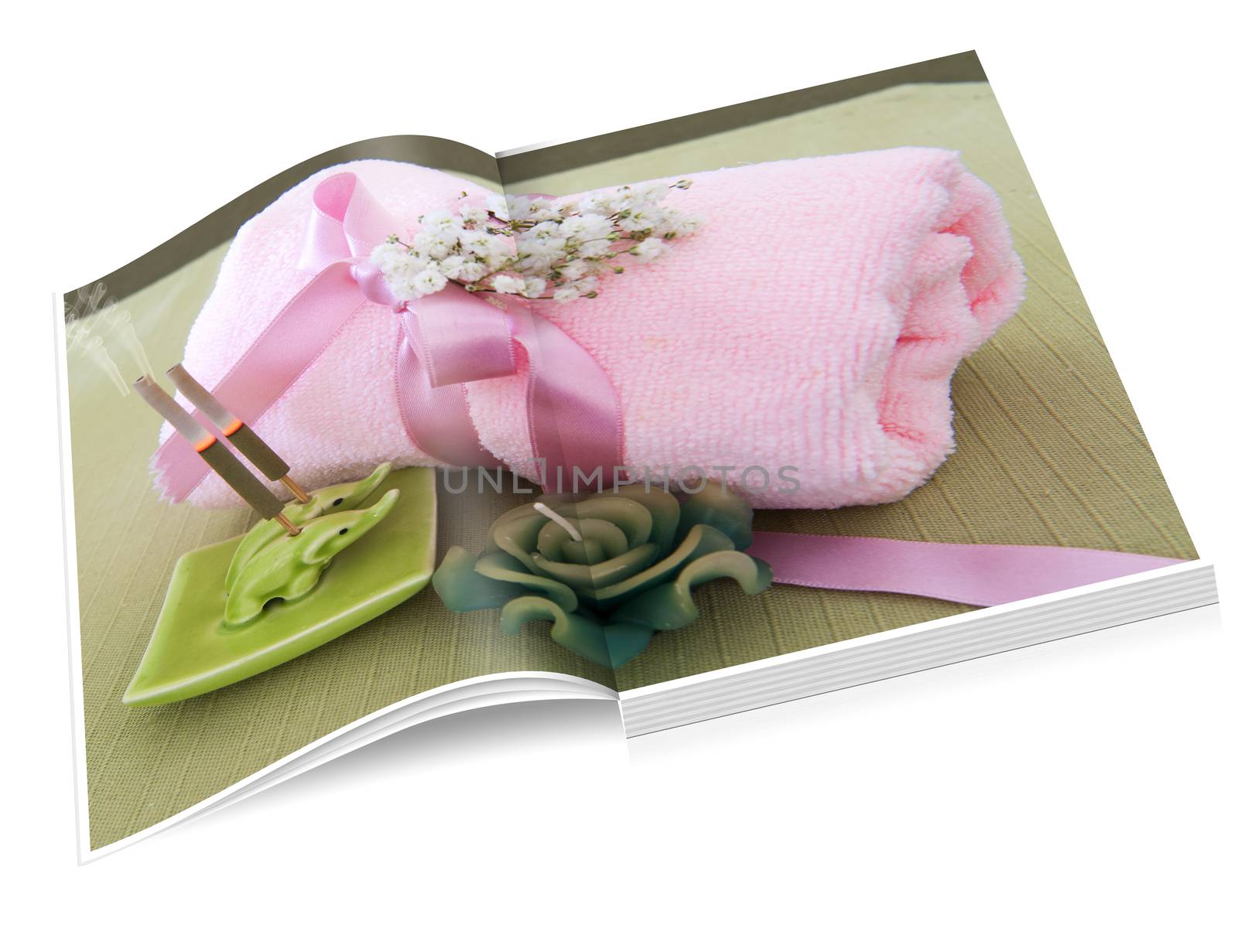 book illustration of pink towel, incense sticks and candle