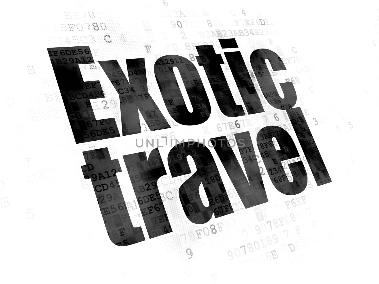 Vacation concept: Pixelated black text Exotic Travel on Digital background
