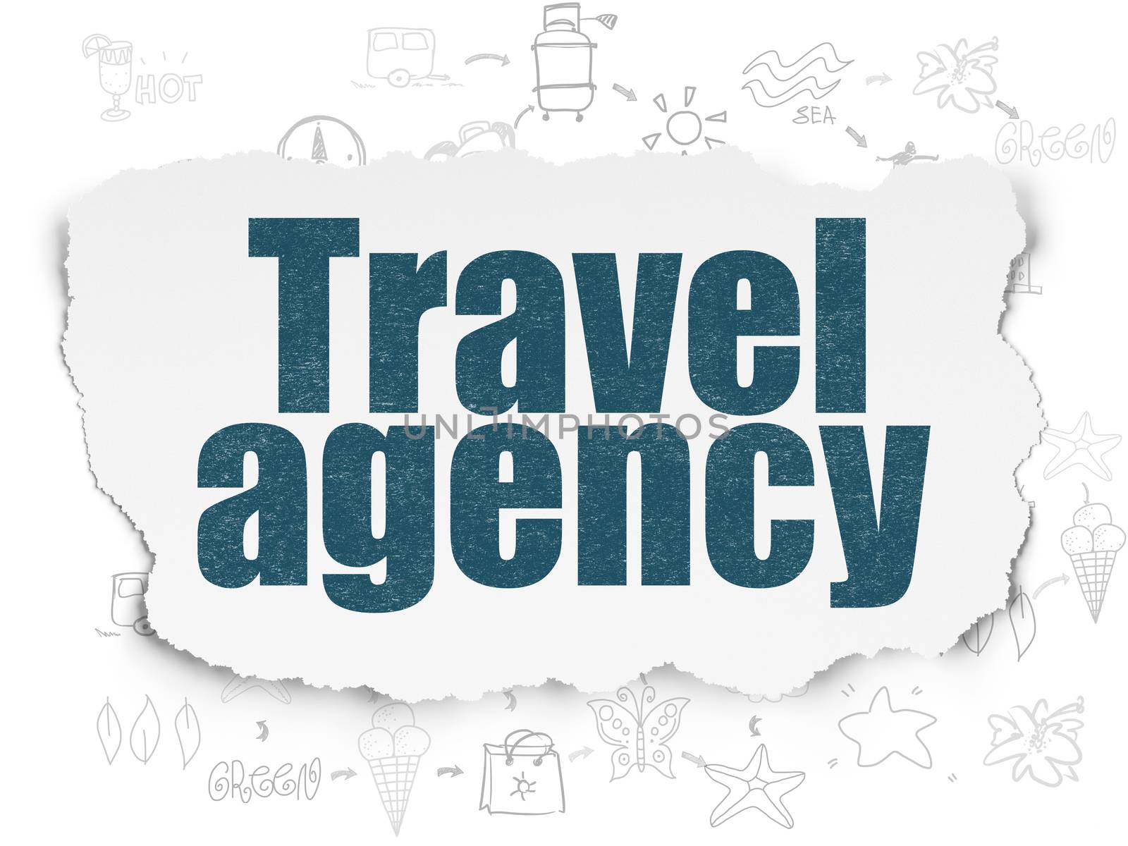 Tourism concept: Painted blue text Travel Agency on Torn Paper background with Scheme Of Hand Drawn Vacation Icons