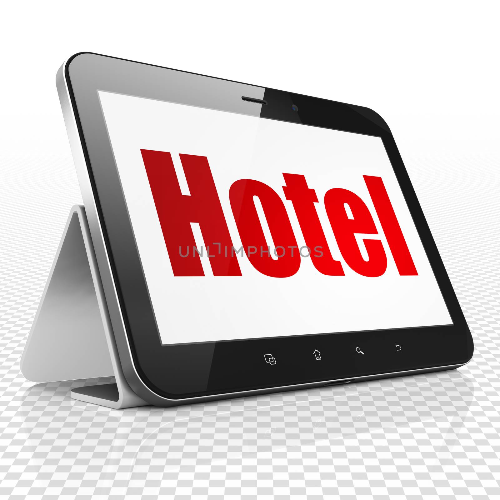 Vacation concept: Tablet Computer with red text Hotel on display, 3D rendering