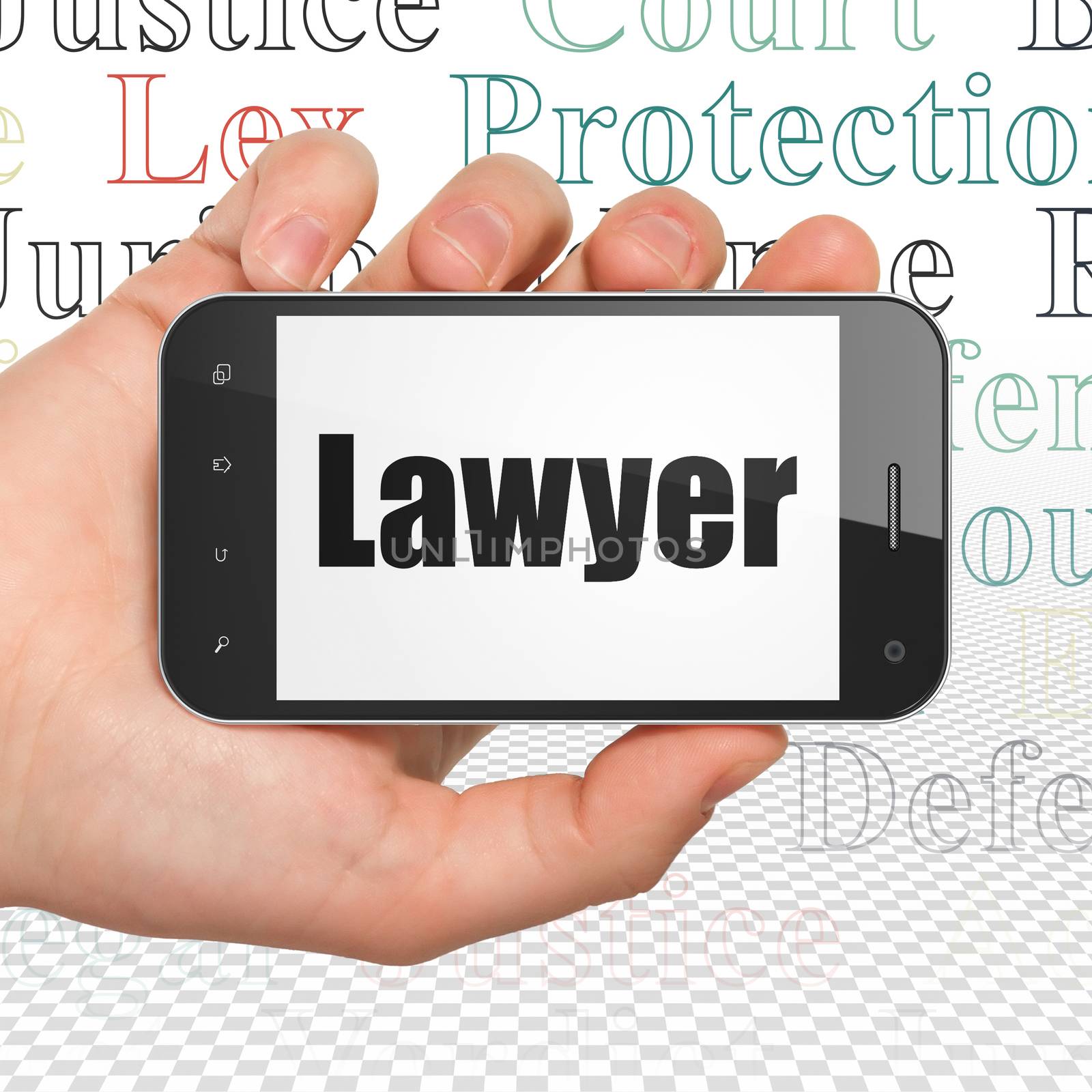 Law concept: Hand Holding Smartphone with  black text Lawyer on display,  Tag Cloud background, 3D rendering