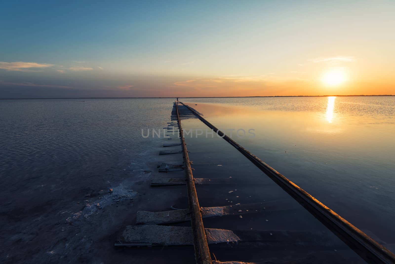 Beauty sunset on salty lake in Altay, Siberia, Russia