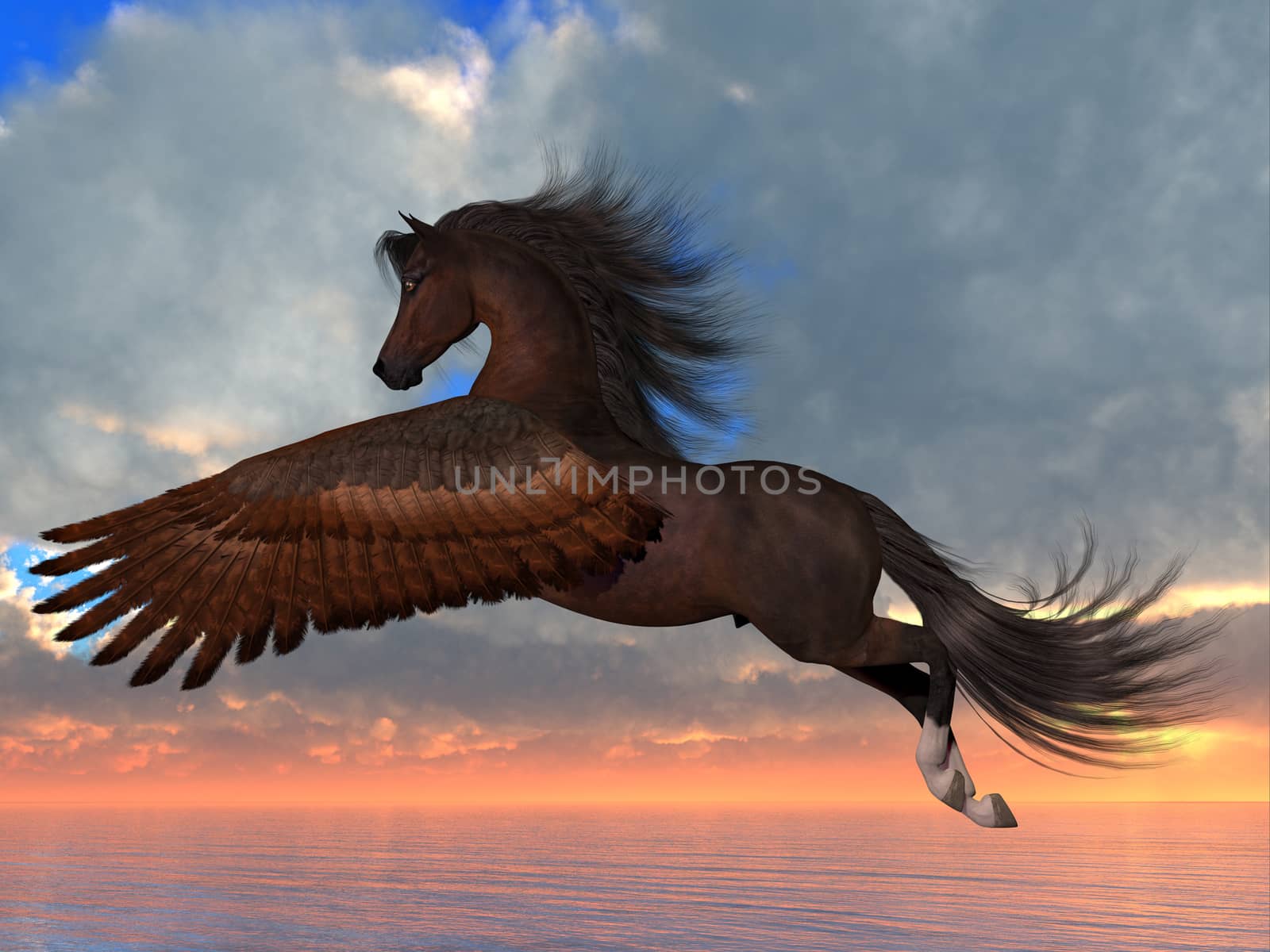An Arabian Pegasus horse flies over the ocean with powerful wing beats on his way to his destination.