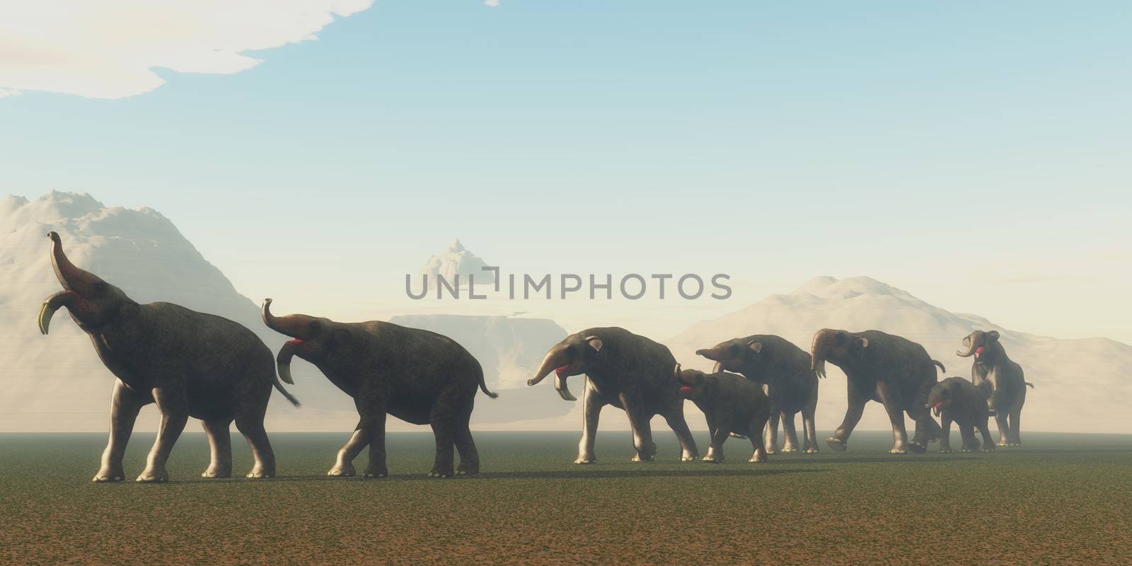 A herd of Deinotherium mammals head to a watering hole in the Pleistocene Period of Africa.