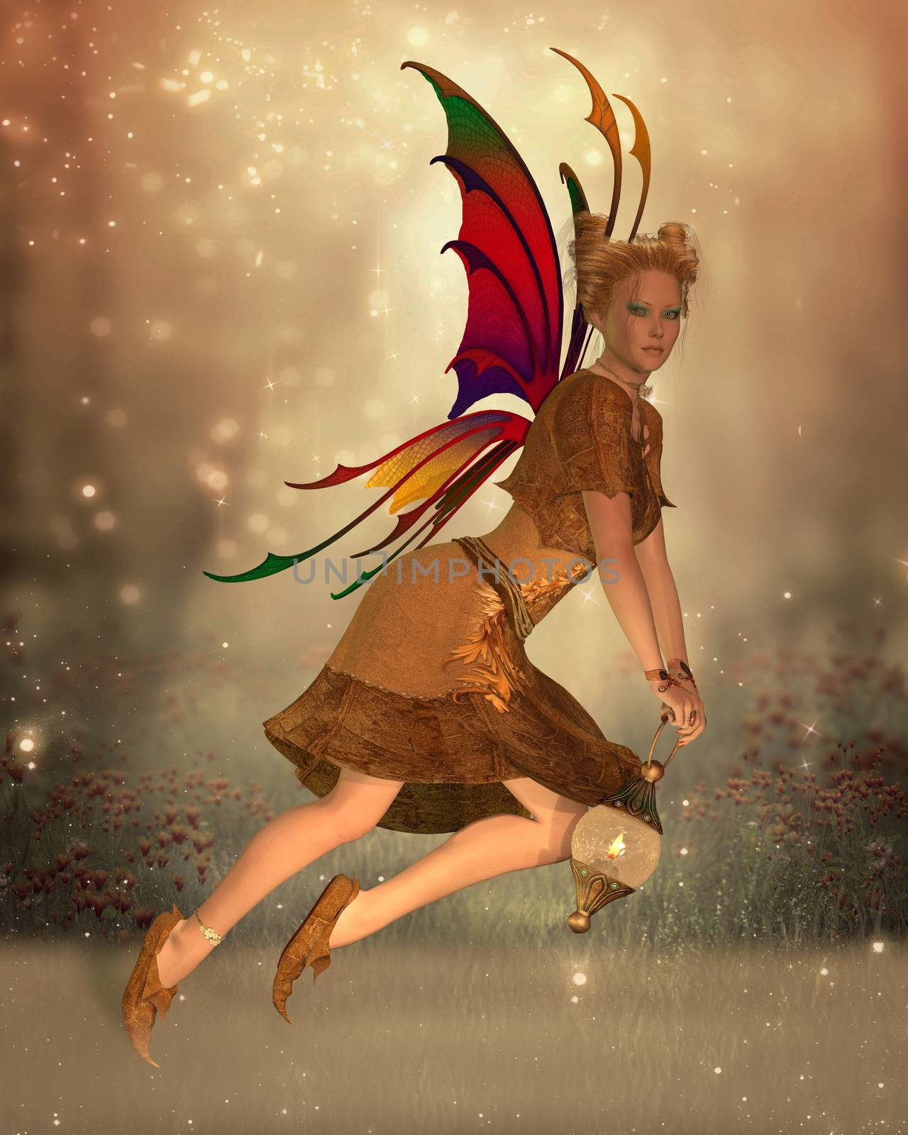 Fairy Isa flies through the magical forest at sunset holding a bright lantern to light her way.