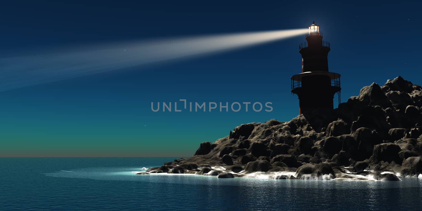 A red and white lighthouse guides sailors and boatmen away from the rocky shoreline.