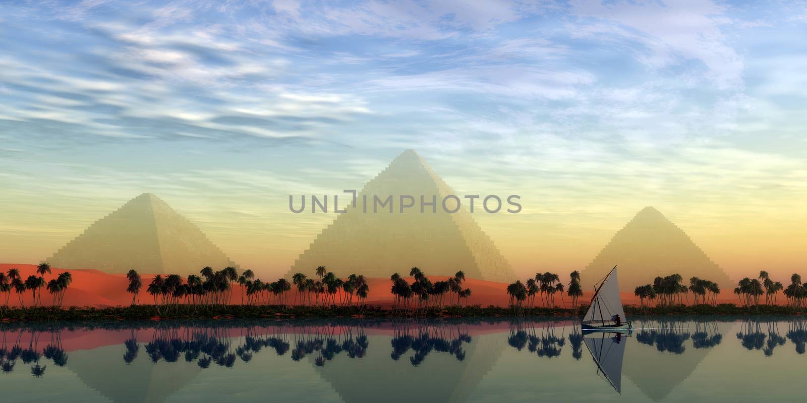 The Great Pyramids stand majestically over the Nile River running through the land of Egypt.