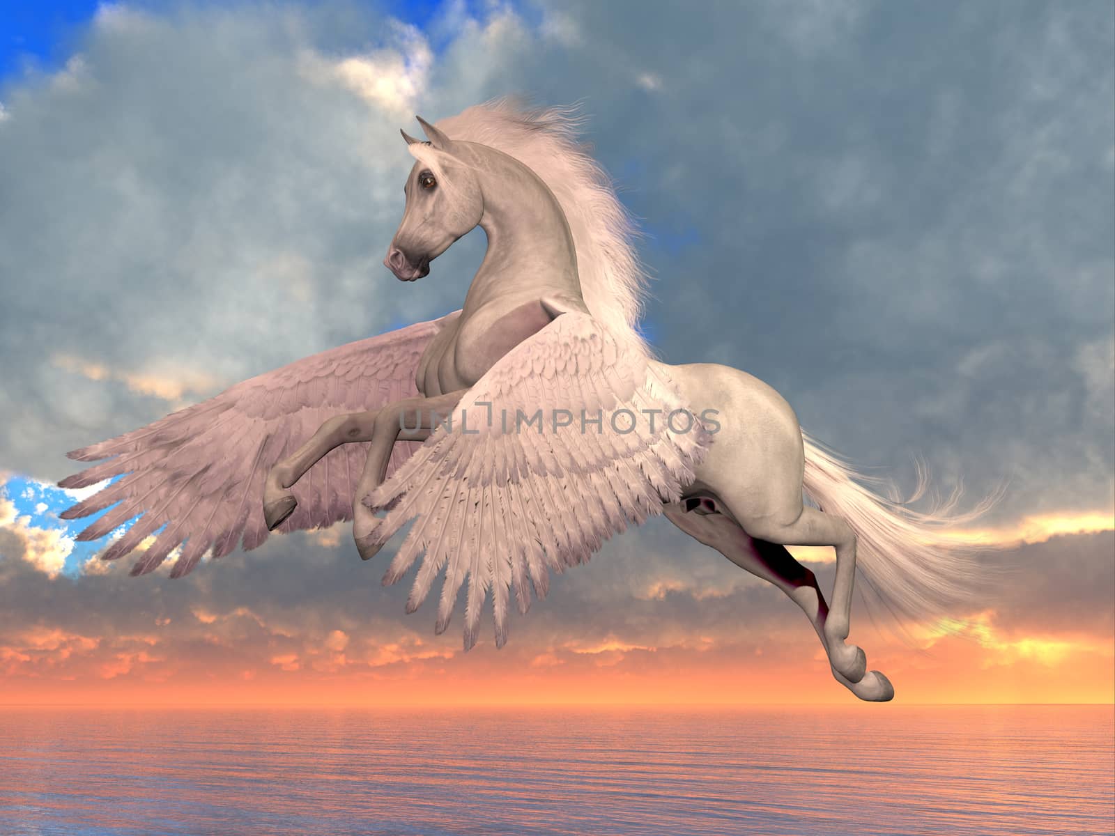 An Arabian Pegasus horse rises on powerful wings to fly over the ocean on a sunny day.