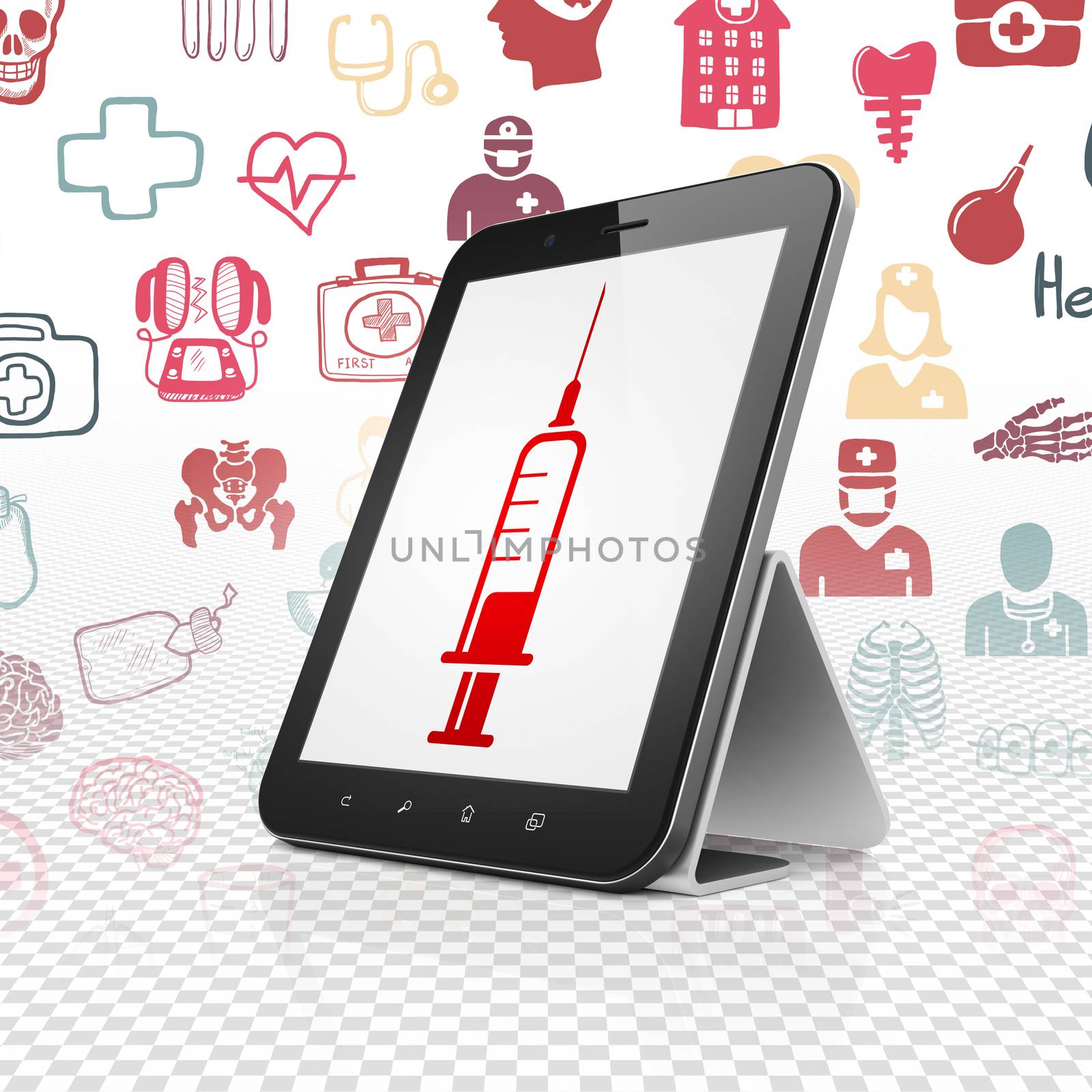 Medicine concept: Tablet Computer with  red Syringe icon on display,  Hand Drawn Medicine Icons background, 3D rendering
