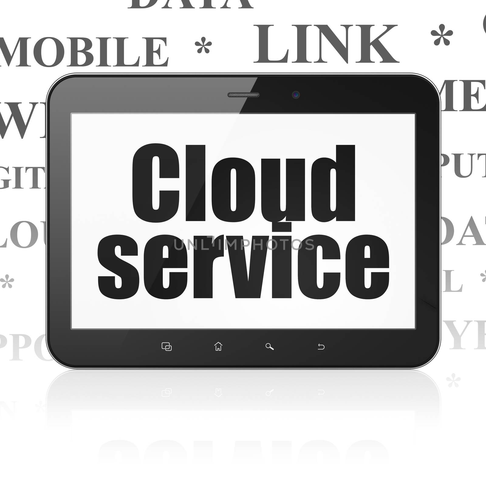 Cloud networking concept: Tablet Computer with  black text Cloud Service on display,  Tag Cloud background, 3D rendering