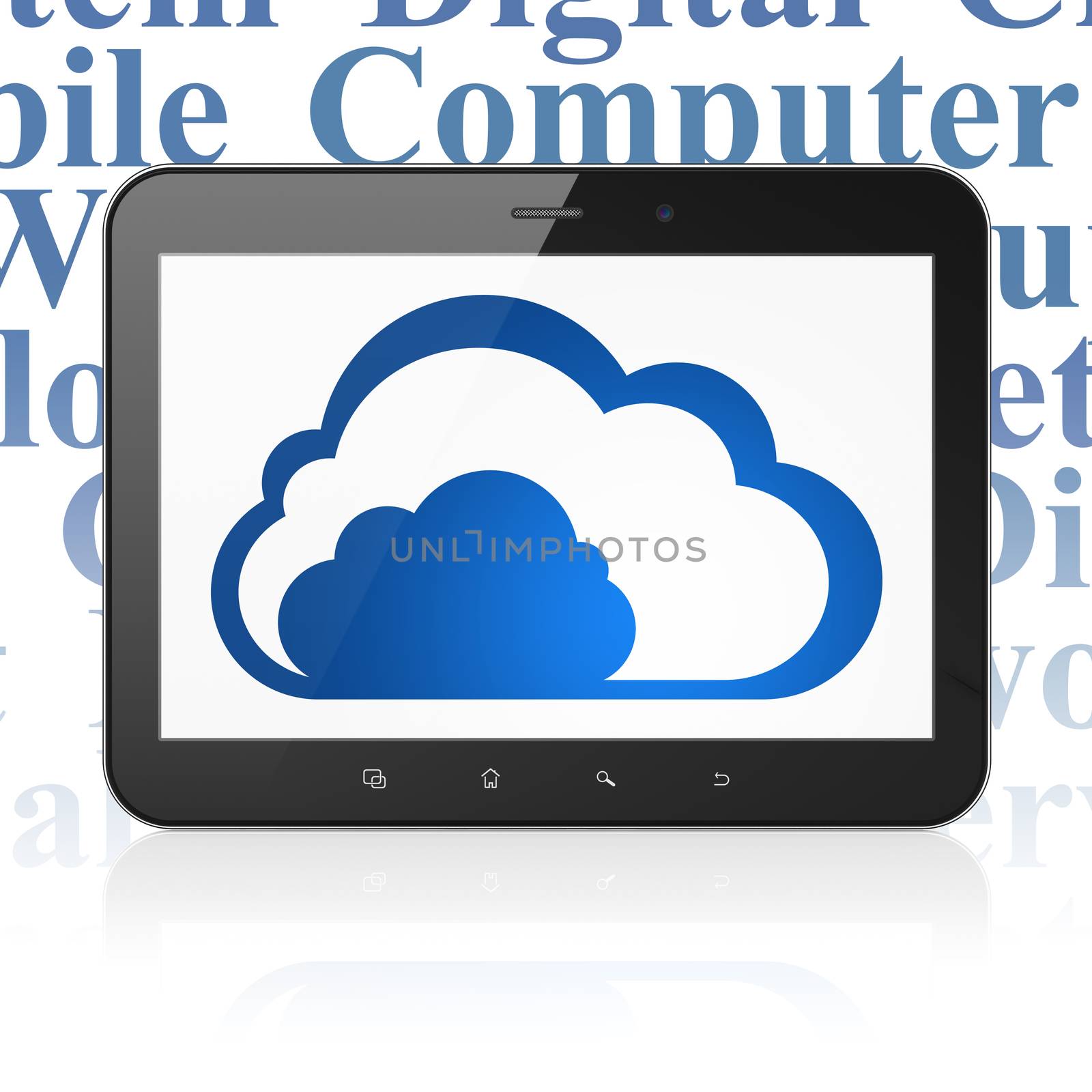 Cloud networking concept: Tablet Computer with Cloud on display by maxkabakov