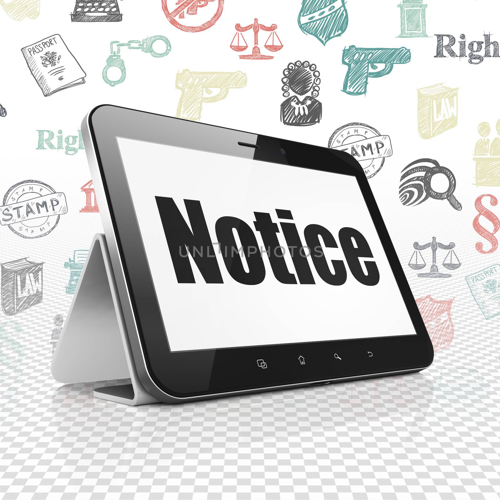 Law concept: Tablet Computer with  black text Notice on display,  Hand Drawn Law Icons background, 3D rendering