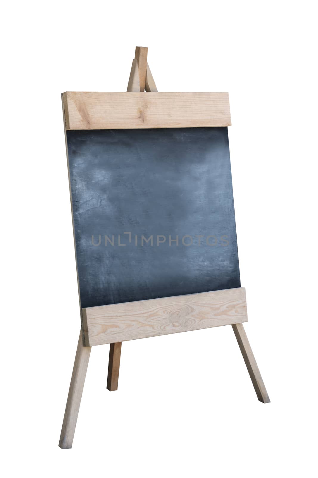 Wooden sidewalk sign with blank black menu board isolated on white background.