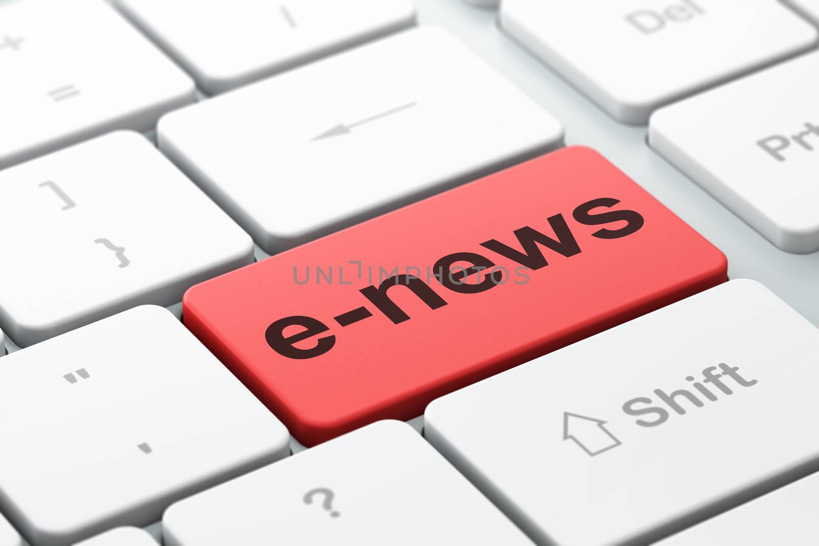 News concept: computer keyboard with word E-news, selected focus on enter button background, 3D rendering
